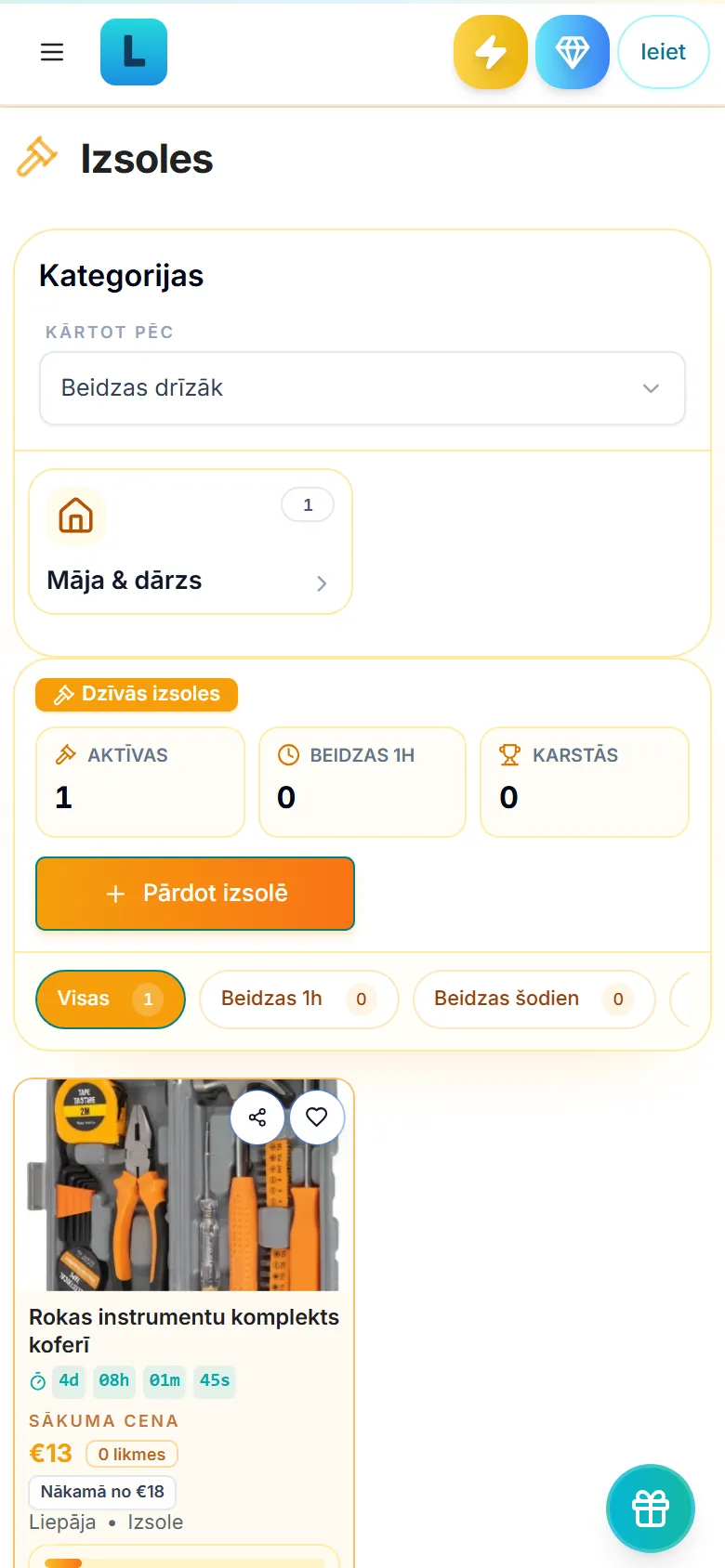 Listio izsoļu sadaļa ar aktīvu izsoli un atpakaļskaitīšanu
