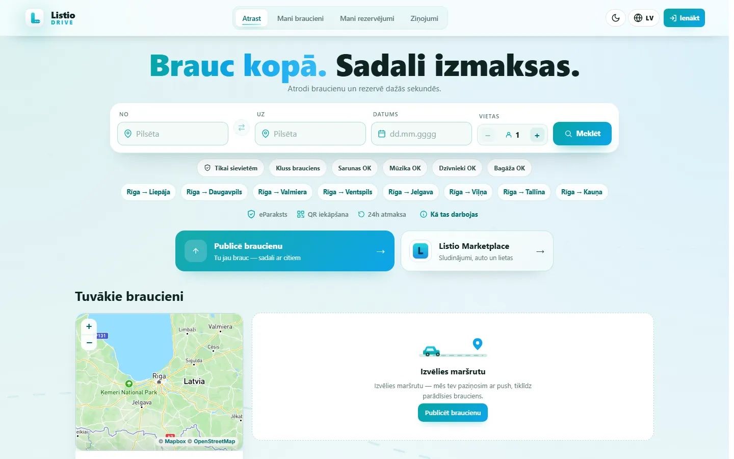 Listio Drive datorā: maršruta meklēšana, populāri maršruti un karte