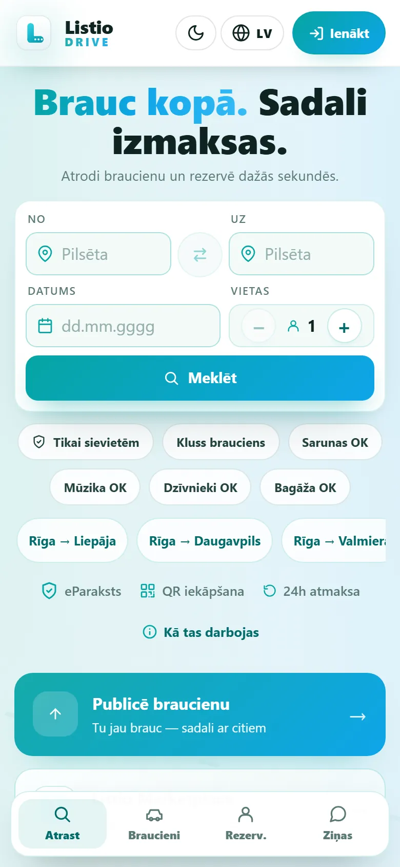 Listio Drive braucienu meklēšana telefonā