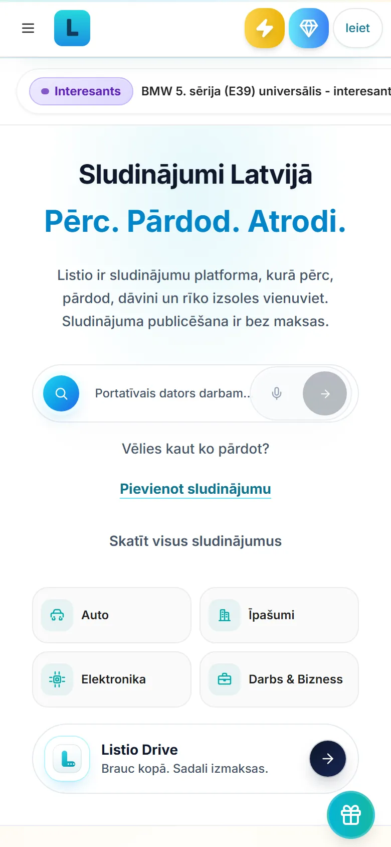 Listio Marketplace sākumlapa telefonā